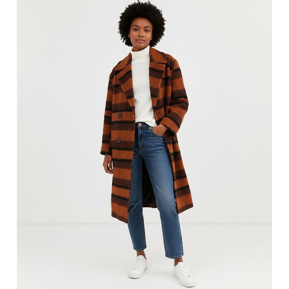 ASOS Orange Brown Black Stripe Longline Double Breasted Coat Women's Size 12‎